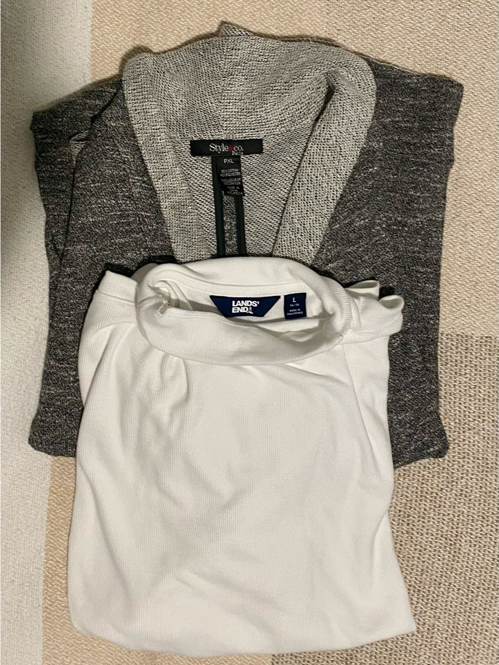 Lands' End White Turtleneck Top with Style & Co Gray Shawl-Collar Sweater ( 2 )